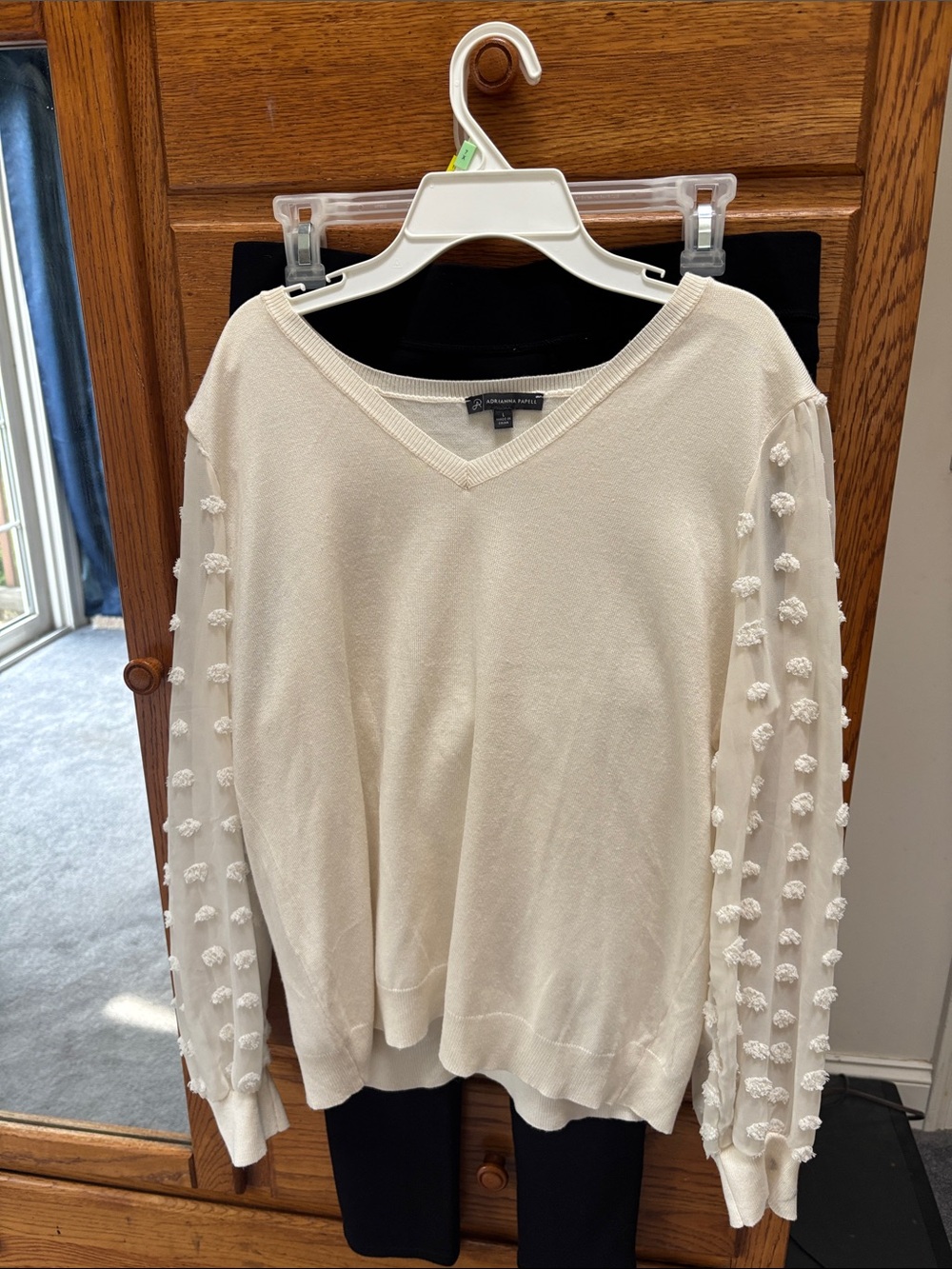 Adrianna Papell Cream V-Neck Sweater with Pom-Pom Sleeve Detail